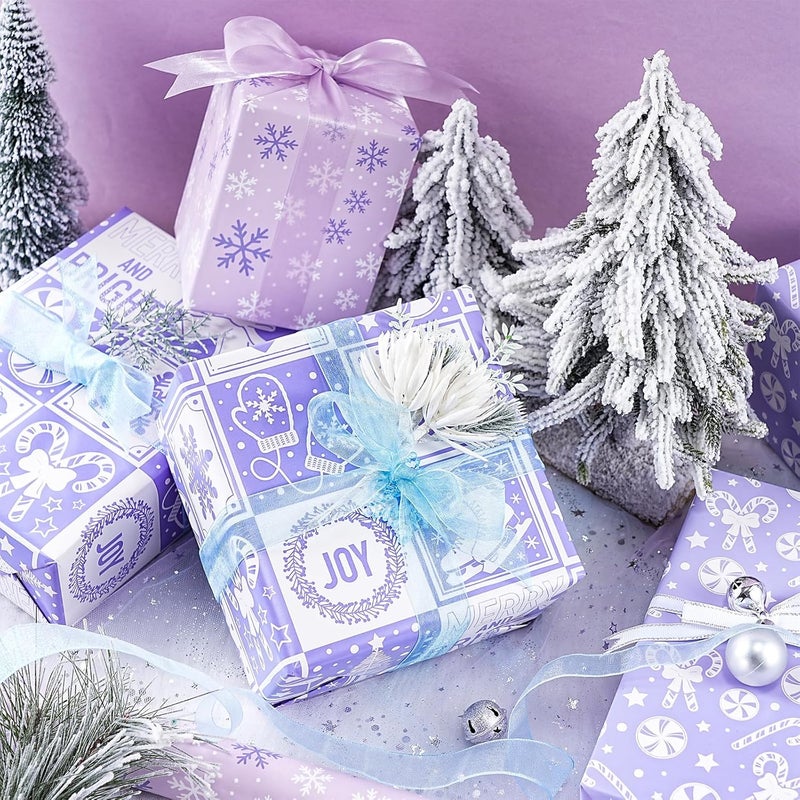 LeZakaa Christmas Wrapping Paper Mini Roll - Bell & Tree/Candy Canes/Snowflakes Design in Light Purple for Gift Wrap, Arts Crafts - 17 x 120 inches - 3 Rolls (42.5 sq.ft.ttl.) - Image 2